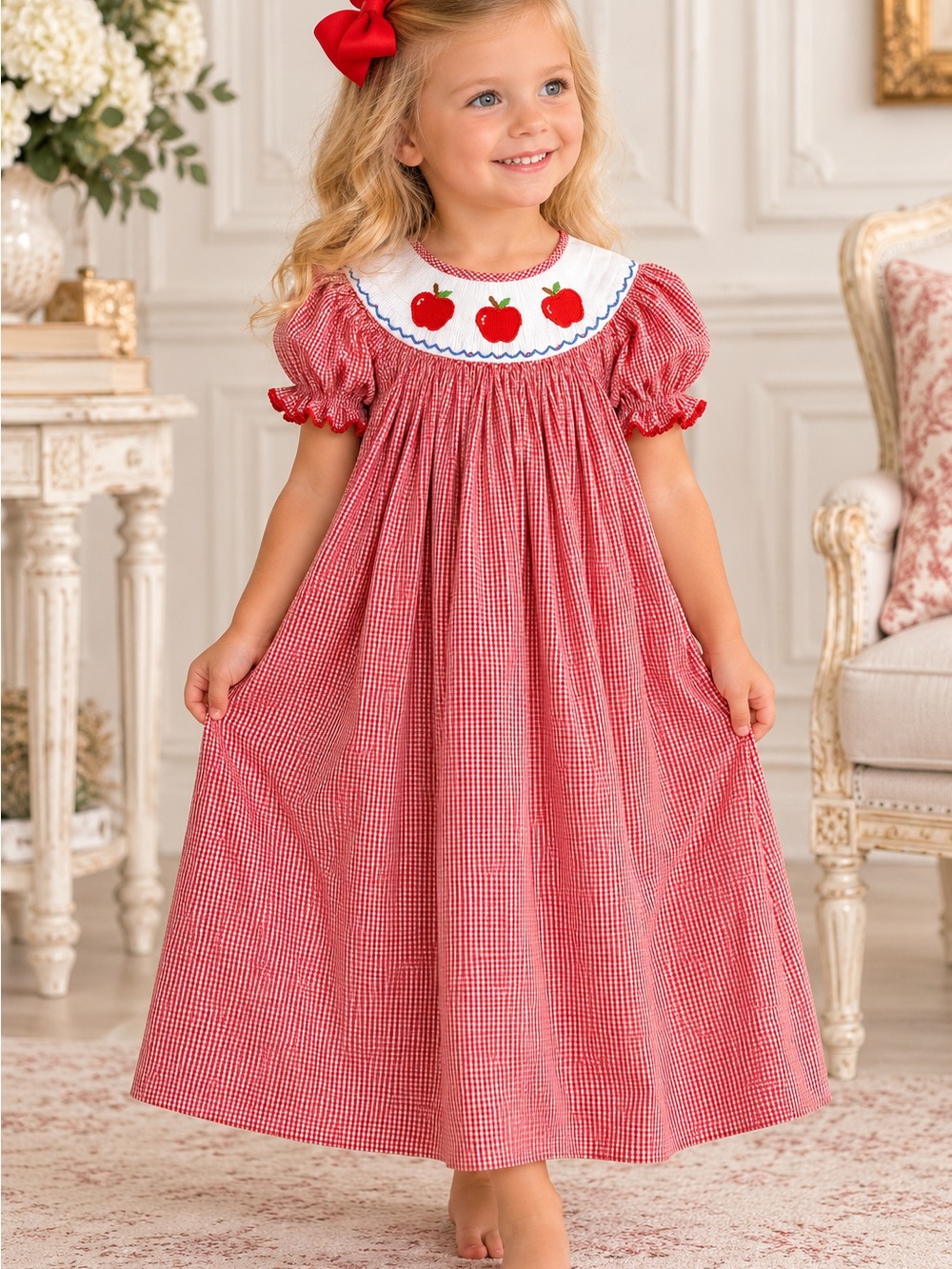 Red Gingham Apple Smocked Back to School Ruffle Puff Sleeves Dress NWT 5 5T